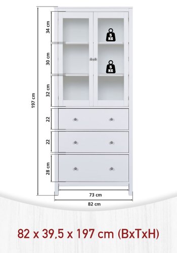 NORDIC LIVING COLLECTION  Vitrineskap i heltre furu, hvitlakkert, med 3 skuffer, 2 d�rer og 2 hyller. Totalm�l: 82 x 40 x 197 cm.