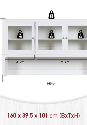 NORDIC LIVING COLLECTION  Vitrineskapplate i heltre furu, hvitlakkert, med 3 d�rer og 3 hyller. Totalm�l: 82 x 40 x 197 cm.