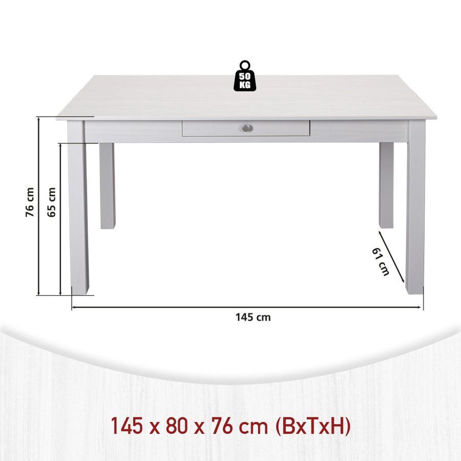 NORDIC LIVING COLLECTION Matbord i massiv furu, vitlackerad, med 1 l�da. Totalm�tt: 145 x 80 x 76 cm.