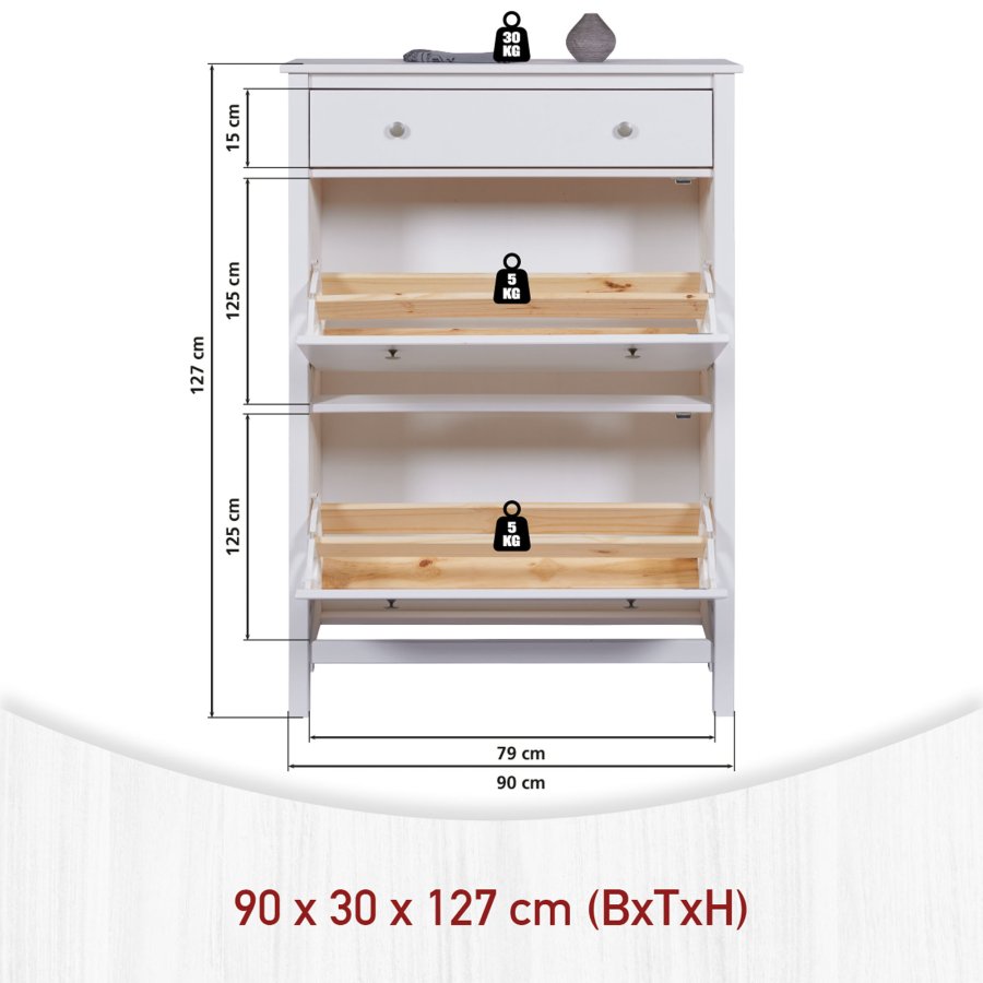 NORDIC LIVING COLLECTION  Skosk�p i massiv furu fr�n Chilly Home-serien f&ouml;r upp till 12 par skor i 2 rymliga l�dor och 1 l�da.
