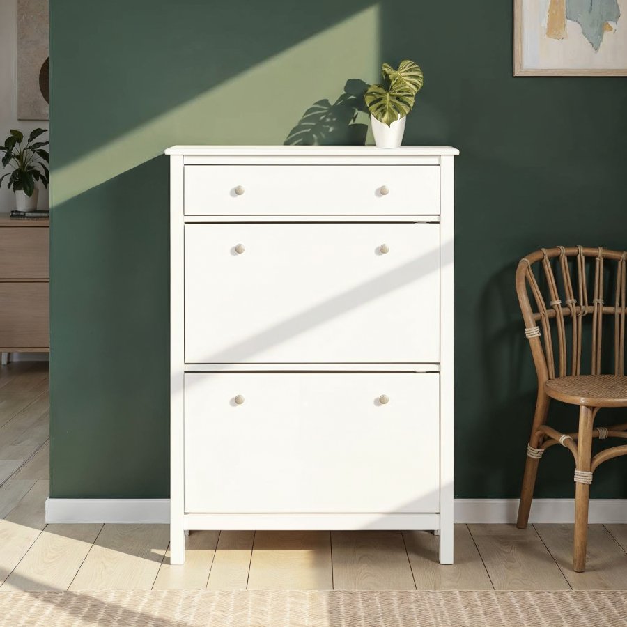 NORDIC LIVING COLLECTION  Skosk�p i massiv furu fr�n Chilly Home-serien f&ouml;r upp till 12 par skor i 2 rymliga l�dor och 1 l�da.