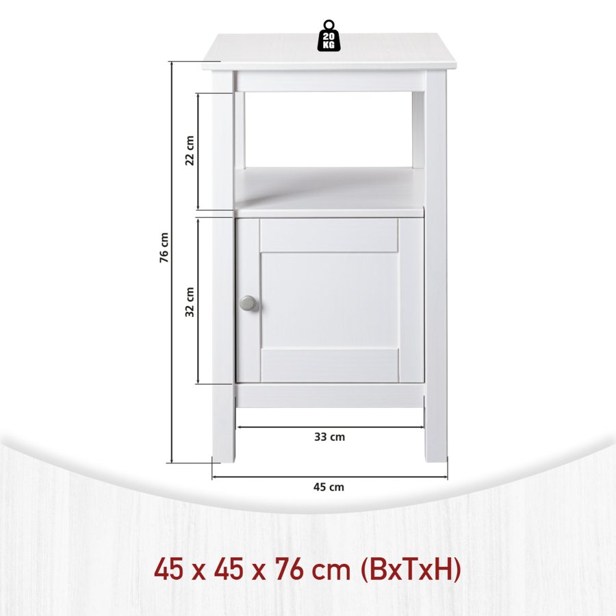 NORDIC LIVING COLLECTION  F�rvaringsbord i massiv furu med 1 d�rr och 1 hyllplan, vitlackerat, totalm�tt 45 x 45 x 76 cm.