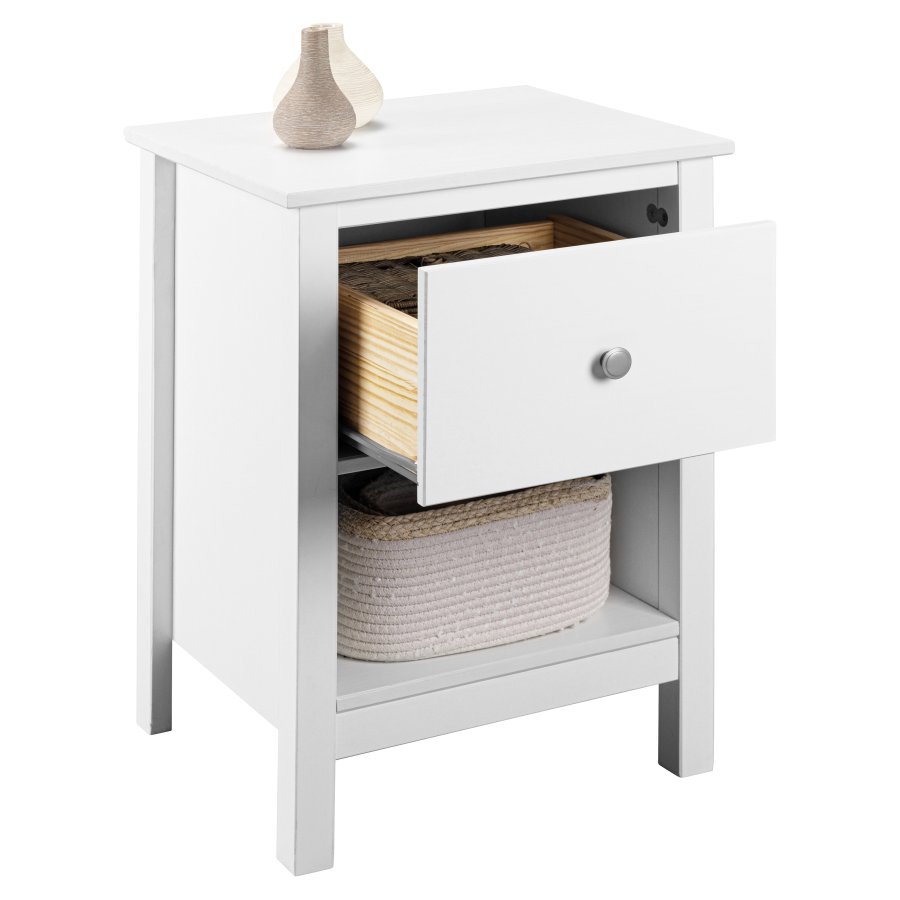 NORDIC LIVING COLLECTION S&auml;ngbord i massiv furu med 1 l�da, ett &ouml;ppet fack och totala m�tt p� 47 x 40 x 66 cm.