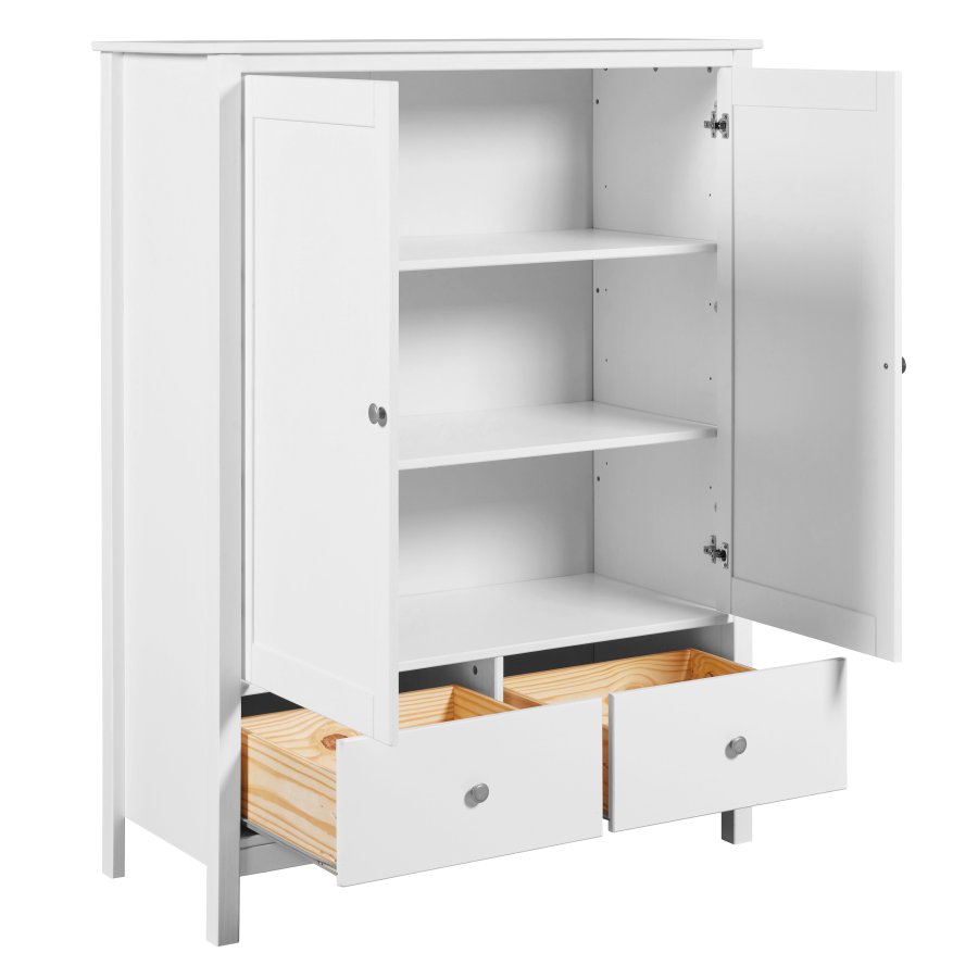NORDIC LIVING COLLECTION Byr� i massiv furu med 2 l�dor och 2 d�rrar, vitlackerad, totalm�tt 107 x 45 x 140 cm.