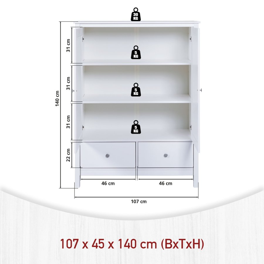 NORDIC LIVING COLLECTION Byr� i massiv furu med 2 l�dor och 2 d�rrar, vitlackerad, totalm�tt 107 x 45 x 140 cm.