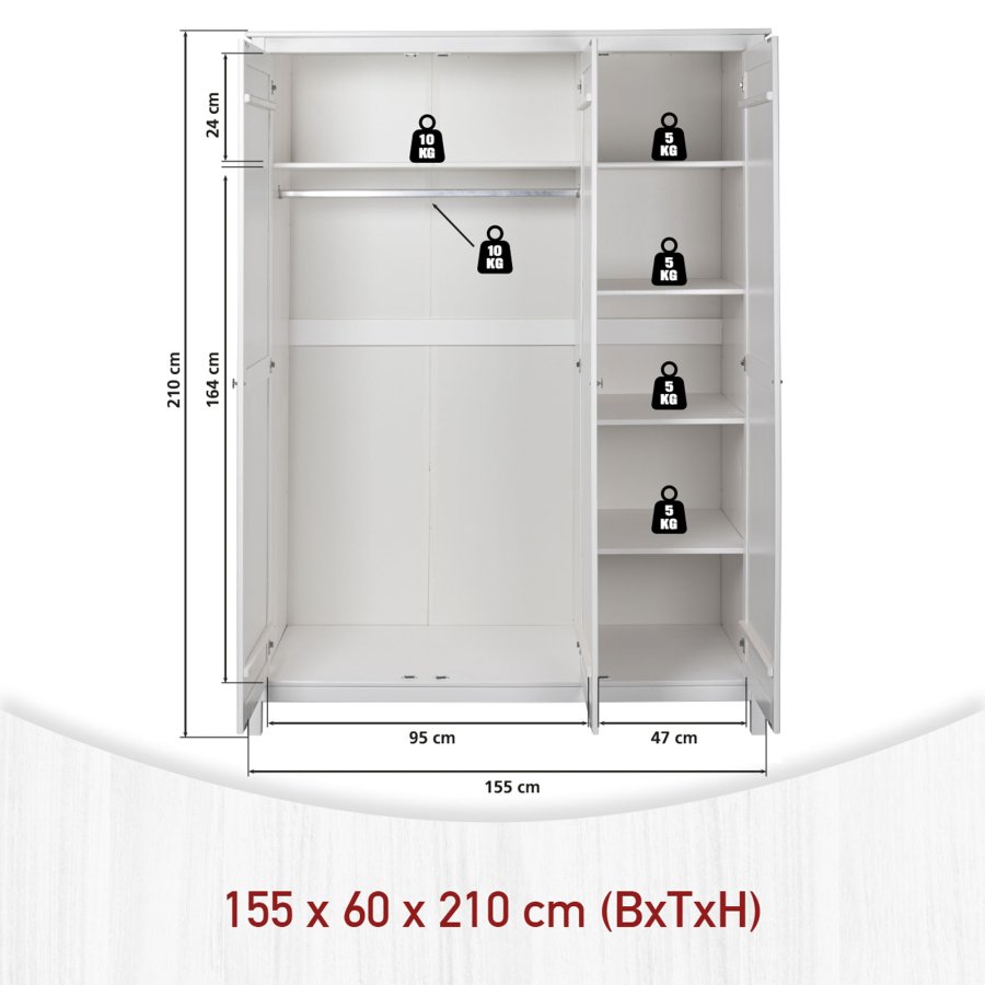 NORDIC LIVING COLLECTION  Garderob i massiv furu med 3 d�rrar, vitlackerad, totalm�tt 155 x 60 x 210 cm.