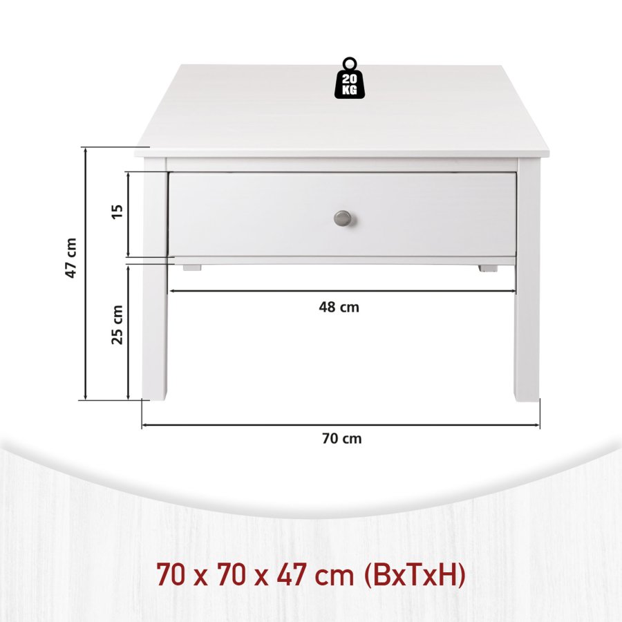 NORDIC LIVING COLLECTION Soffbord i massiv furu med 1 l�da, vitlackerad. Totalm�tt 70 x 70 x 57 cm.