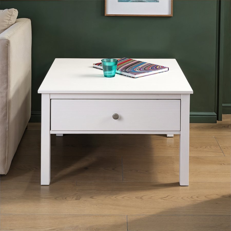 NORDIC LIVING COLLECTION Soffbord i massiv furu med 1 l�da, vitlackerad. Totalm�tt 70 x 70 x 57 cm.