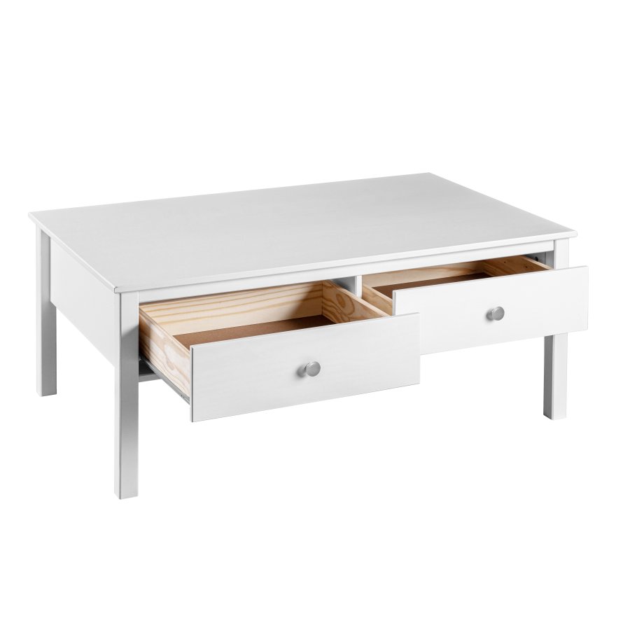 NORDIC LIVING COLLECTION Soffbord i massiv furu med 2 l�dor, vitlackerat. Totalm�tt: 110 x 70 x 57 cm.