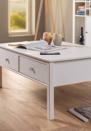 NORDIC LIVING COLLECTION Soffbord i massiv furu med 2 l�dor, vitlackerat. Totalm�tt: 110 x 70 x 57 cm.