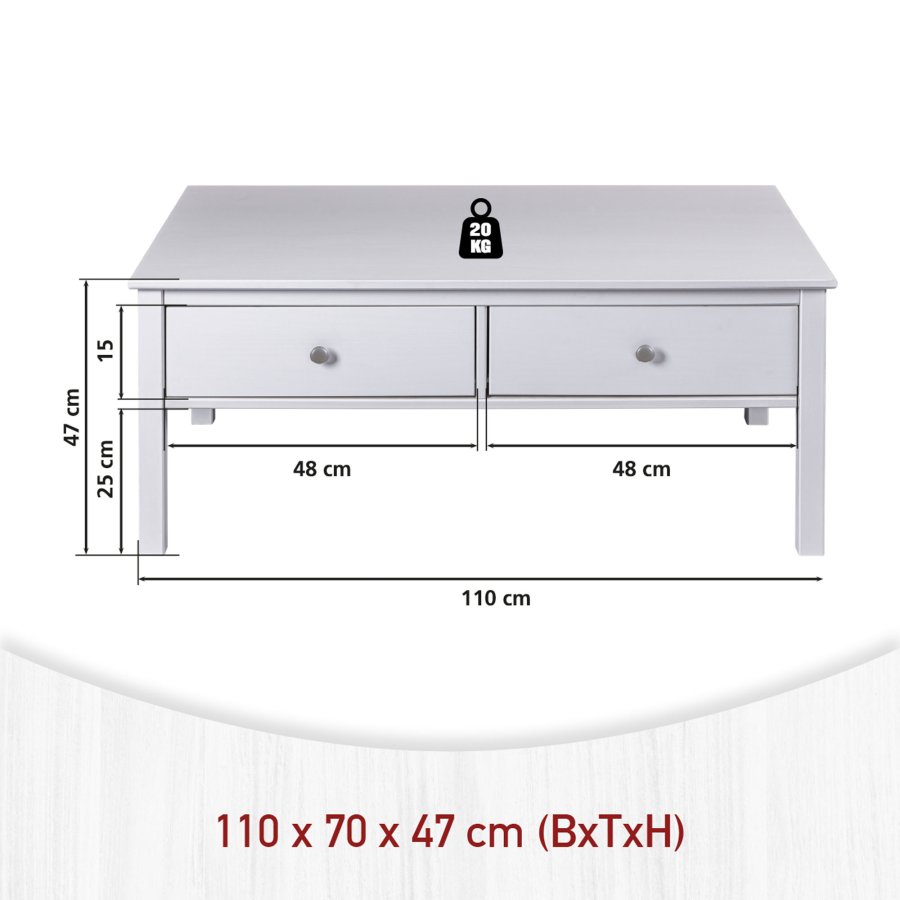NORDIC LIVING COLLECTION Soffbord i massiv furu med 2 l�dor, vitlackerat. Totalm�tt: 110 x 70 x 57 cm.