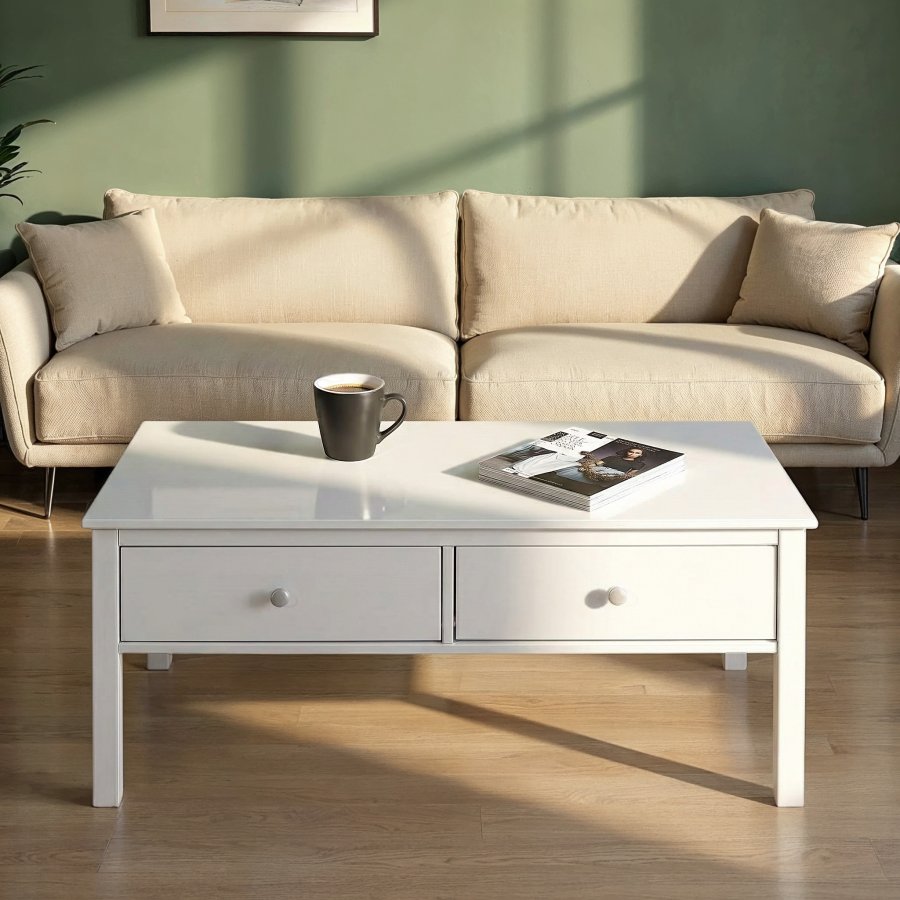 NORDIC LIVING COLLECTION Soffbord i massiv furu med 2 l�dor, vitlackerat. Totalm�tt: 110 x 70 x 57 cm.