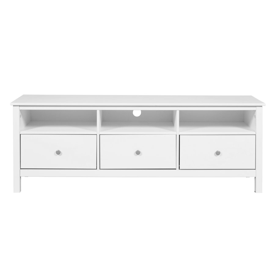 NORDIC LIVING COLLECTION  TV-sk�p i massiv furu med 3 l�dor och 3 hyllplan, vitlackerad. Totalm�tt: 160 x 45 x 57 cm.