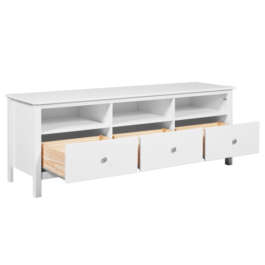 NORDIC LIVING COLLECTION  TV-sk�p i massiv furu med 3 l�dor och 3 hyllplan, vitlackerad. Totalm�tt: 160 x 45 x 57 cm.