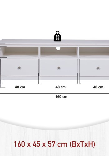 NORDIC LIVING COLLECTION  TV-sk�p i massiv furu med 3 l�dor och 3 hyllplan, vitlackerad. Totalm�tt: 160 x 45 x 57 cm.