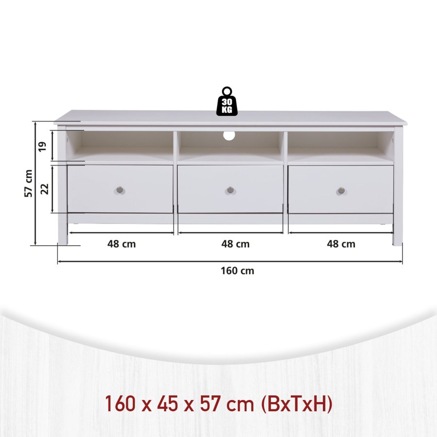 NORDIC LIVING COLLECTION  TV-sk�p i massiv furu med 3 l�dor och 3 hyllplan, vitlackerad. Totalm�tt: 160 x 45 x 57 cm.