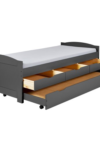 NORDIC LIVING COLLECTION Lena funksjonsseng 90x200 i heltre i gr� lakk med 3 skuffer og ekstra soveplass inkludert lamellbunn