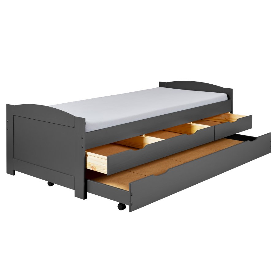 NORDIC LIVING COLLECTION Lena funksjonsseng 90x200 i heltre i gr� lakk med 3 skuffer og ekstra soveplass inkludert lamellbunn