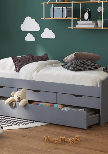 NORDIC LIVING COLLECTION Lena funksjonsseng 90x200 i heltre i gr� lakk med 3 skuffer og ekstra soveplass inkludert lamellbunn