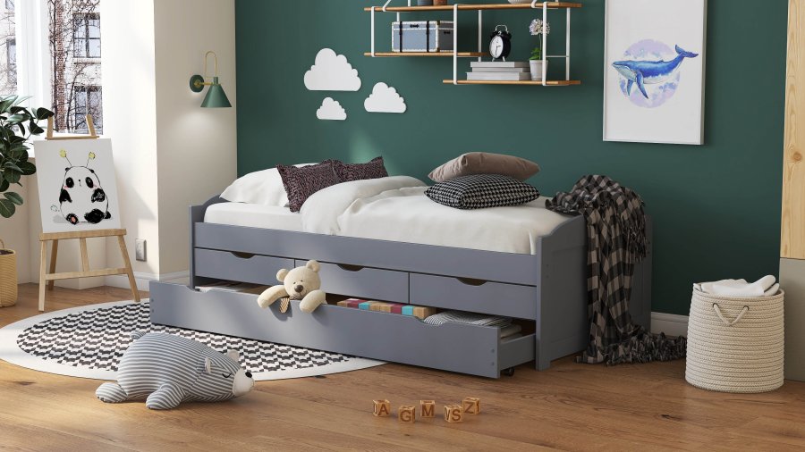 NORDIC LIVING COLLECTION Lena funksjonsseng 90x200 i heltre i gr� lakk med 3 skuffer og ekstra soveplass inkludert lamellbunn