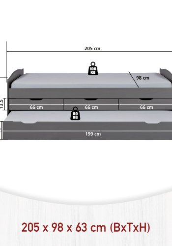 NORDIC LIVING COLLECTION Lena funksjonsseng 90x200 i heltre i gr� lakk med 3 skuffer og ekstra soveplass inkludert lamellbunn