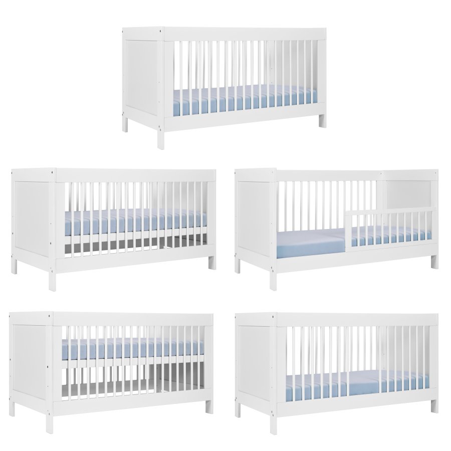 NORDIC LIVING COLLECTION Baila vit barns�ng med h�jdjusterbar ribbotten (3 niv�er), fallskydd och 3 avtagbara f�rl�ngningsst�nger