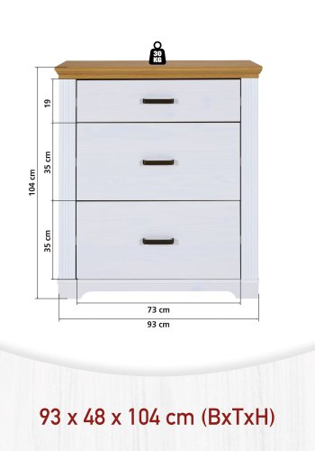 NORDIC LIVING COLLECTION Maluno kommode med 3 skuffer laget av heltre og malt hvit