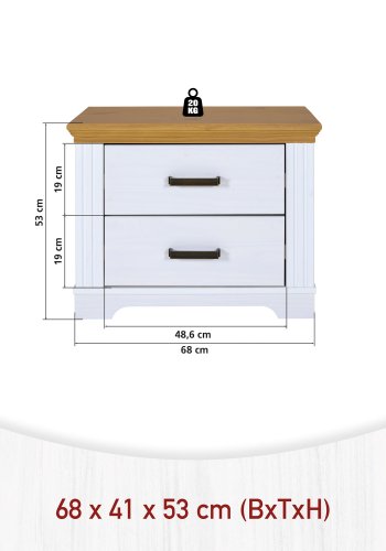 NORDIC LIVING COLLECTION  Maluno nattduksbord i massivt tr&auml; med 2 l�dor, vitlackerat
