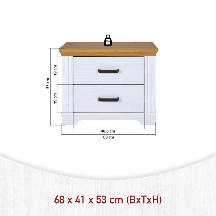 NORDIC LIVING COLLECTION  Maluno nattduksbord i massivt tr&auml; med 2 l�dor, vitlackerat