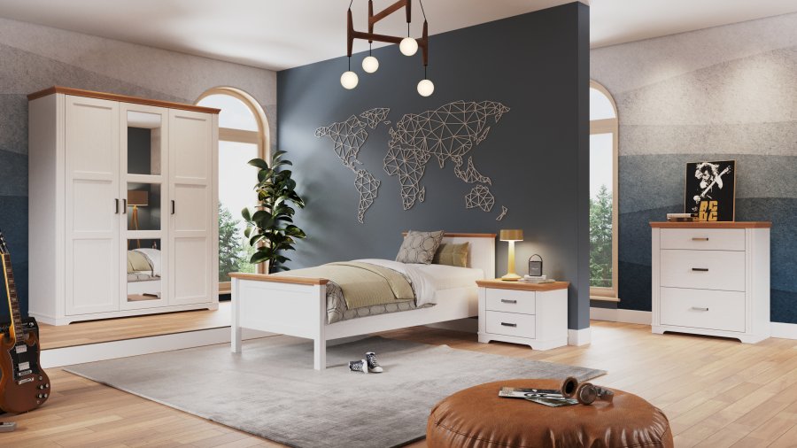 NORDIC LIVING COLLECTION Maluno garderob med 3 d�rrar och spegel, tillverkad av massivt tr�, vitm�lad