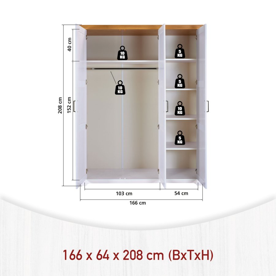 NORDIC LIVING COLLECTION Maluno garderob med 3 d�rrar och spegel, tillverkad av massivt tr�, vitm�lad