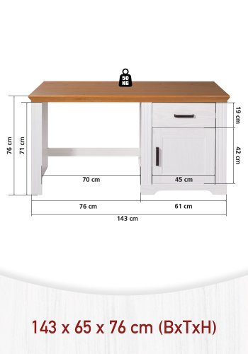 NORDIC LIVING COLLECTION Maluno skrivbord med 1 d&ouml;rr och 1 l�da tillverkat av massivt tr&auml;, vitlackerat