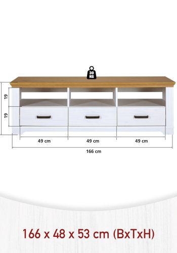 NORDIC LIVING COLLECTION  TV-sk�p Maluno vit med 3 l�dor i massivt tr&auml;, vitlackerad
