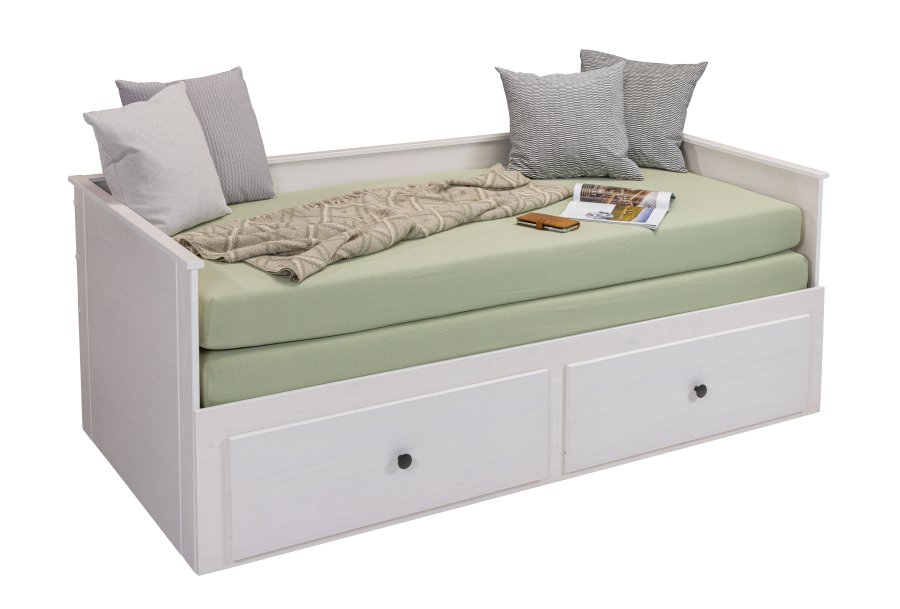 NORDIC LIVING COLLECTION Palino utdragbar s&auml;ng 90x200 cm vit inkl. ribbotten med 2-i-1 utdragbar liggyta, tillverkad av h�llbart massivt tr&auml; och med 2 l�dor