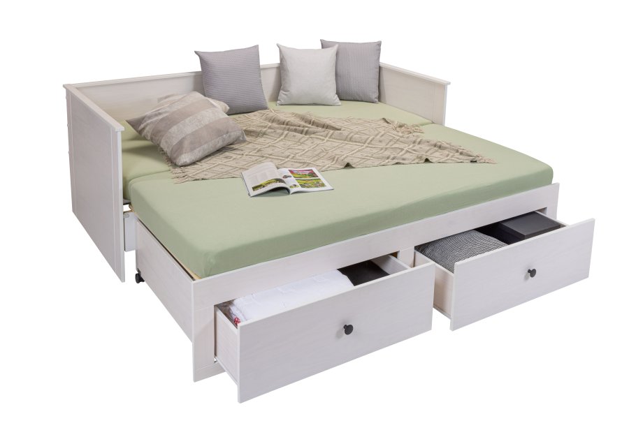 NORDIC LIVING COLLECTION Palino utdragbar s&auml;ng 90x200 cm vit inkl. ribbotten med 2-i-1 utdragbar liggyta, tillverkad av h�llbart massivt tr&auml; och med 2 l�dor