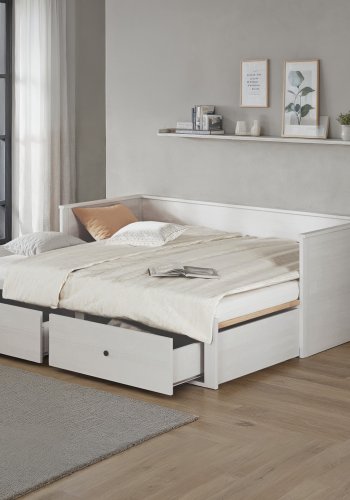 NORDIC LIVING COLLECTION Palino utdragbar s&auml;ng 90x200 cm vit inkl. ribbotten med 2-i-1 utdragbar liggyta, tillverkad av h�llbart massivt tr&auml; och med 2 l�dor