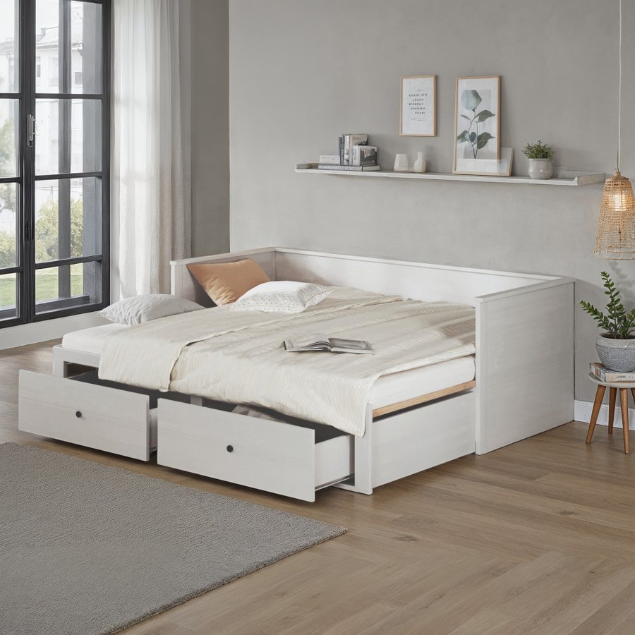 NORDIC LIVING COLLECTION Palino utdragbar s&auml;ng 90x200 cm vit inkl. ribbotten med 2-i-1 utdragbar liggyta, tillverkad av h�llbart massivt tr&auml; och med 2 l�dor