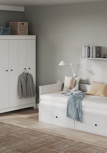 NORDIC LIVING COLLECTION Palino utdragbar s&auml;ng 90x200 cm vit inkl. ribbotten med 2-i-1 utdragbar liggyta, tillverkad av h�llbart massivt tr&auml; och med 2 l�dor