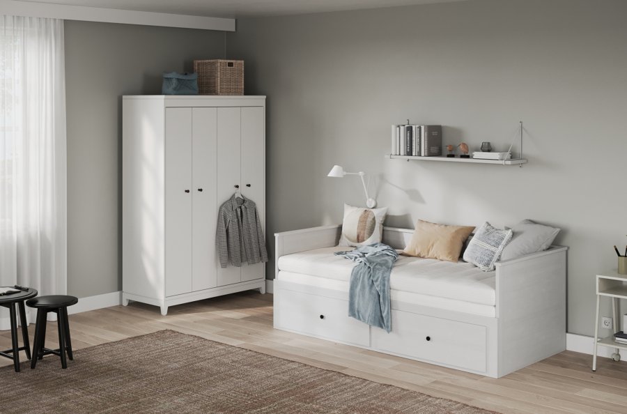 NORDIC LIVING COLLECTION Palino utdragbar s&auml;ng 90x200 cm vit inkl. ribbotten med 2-i-1 utdragbar liggyta, tillverkad av h�llbart massivt tr&auml; och med 2 l�dor