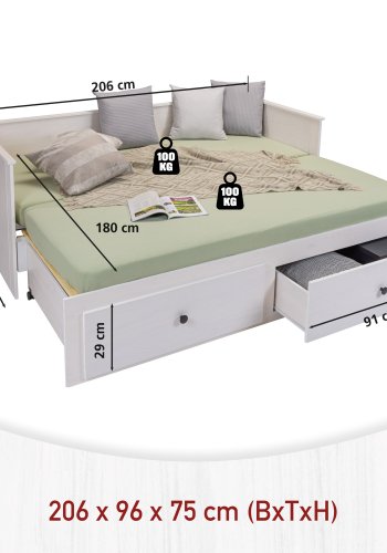 NORDIC LIVING COLLECTION Palino utdragbar s&auml;ng 90x200 cm vit inkl. ribbotten med 2-i-1 utdragbar liggyta, tillverkad av h�llbart massivt tr&auml; och med 2 l�dor