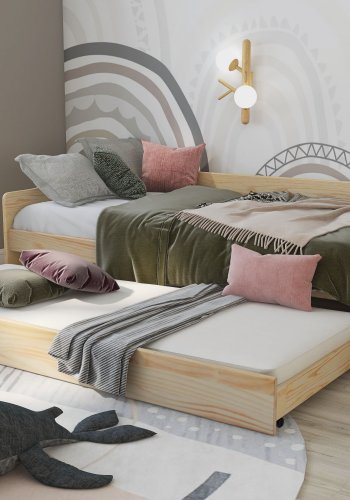 NORDIC LIVING COLLECTION Funksjonsseng LEONIE '23 90x200 cm laget av heltre i naturlakk med heltre lamellbunn og ekstra soveplass
