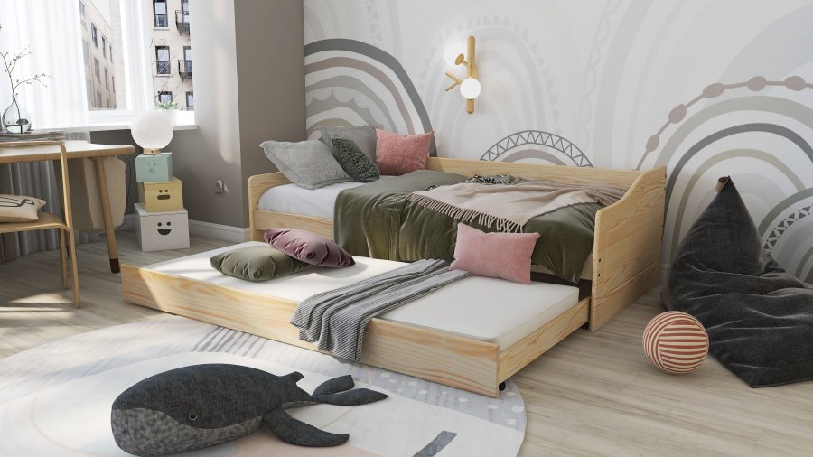 NORDIC LIVING COLLECTION Funksjonsseng LEONIE '23 90x200 cm laget av heltre i naturlakk med heltre lamellbunn og ekstra soveplass