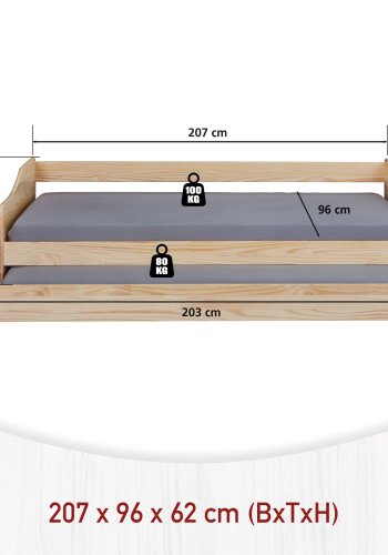 NORDIC LIVING COLLECTION Funksjonsseng LEONIE '23 90x200 cm laget av heltre i naturlakk med heltre lamellbunn og ekstra soveplass