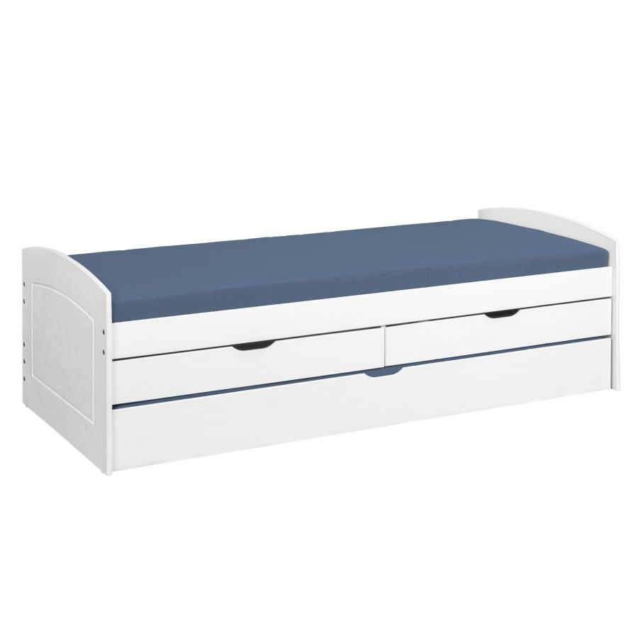 NORDIC LIVING COLLECTION Funktionell s&auml;ng i massivt tr&auml; i vitt med 2 l�dor och en utdragbar liggyta.