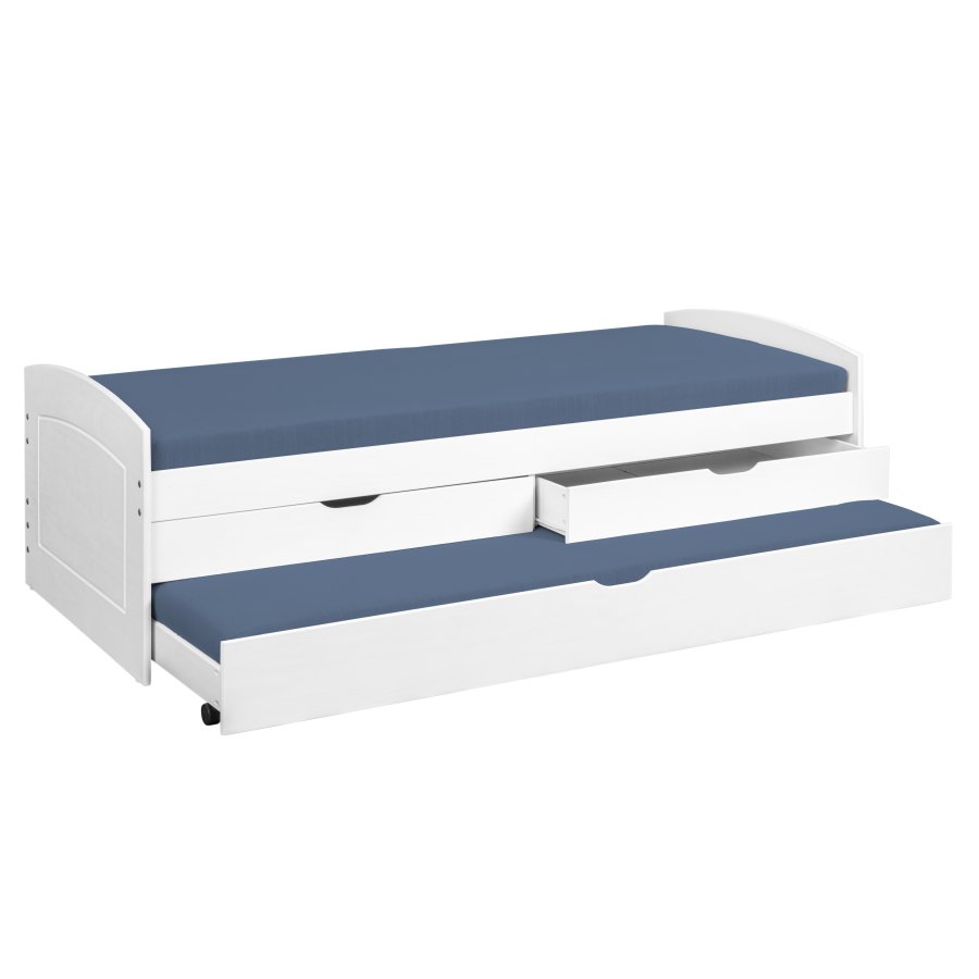 NORDIC LIVING COLLECTION Funktionell s&auml;ng i massivt tr&auml; i vitt med 2 l�dor och en utdragbar liggyta.