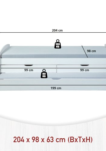 NORDIC LIVING COLLECTION Funktionell s&auml;ng i massivt tr&auml; i vitt med 2 l�dor och en utdragbar liggyta.