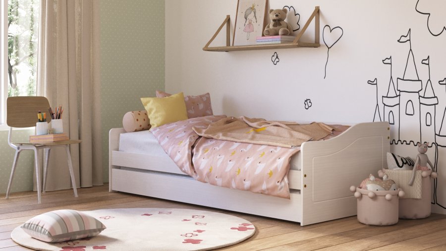NORDIC LIVING COLLECTION Funktionss&auml;ng LEONIE '23 90x190 cm tillverkad av massivt tr&auml; i vitlack med ribbor i massivt tr&auml; och extra sovyta