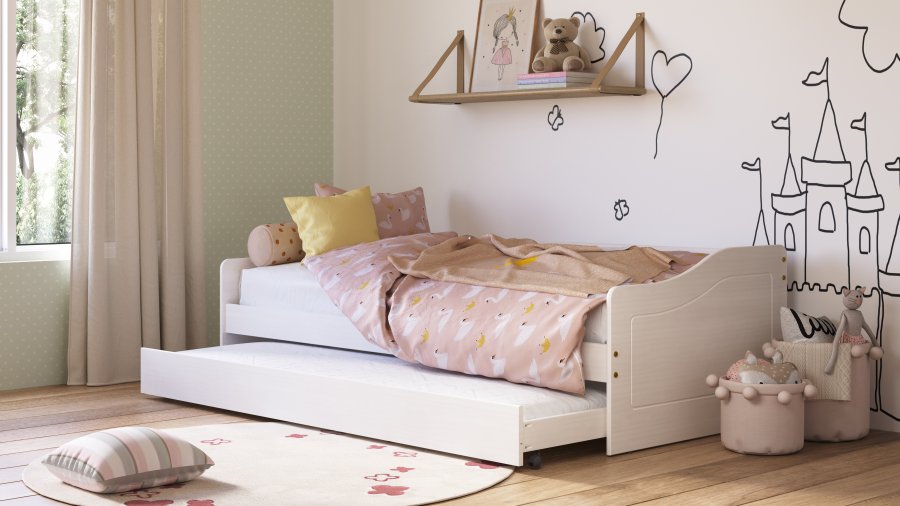NORDIC LIVING COLLECTION Funktionss&auml;ng LEONIE '23 90x200 cm tillverkad av massivt tr&auml; i vitlack med ribbotten i massivt tr&auml; och extra sovyta