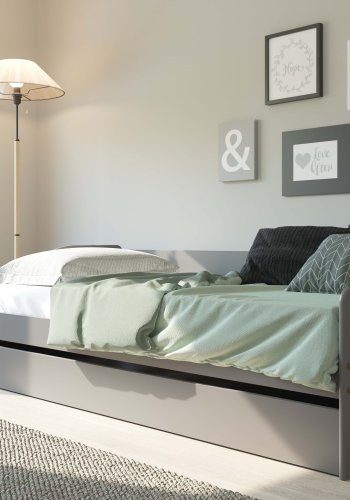 NORDIC LIVING COLLECTION Funktionss&auml;ng LEONIE '23 90x200 cm tillverkad av massivt tr&auml; i gr� lack med massiv tr&auml;botten och extra sovyta