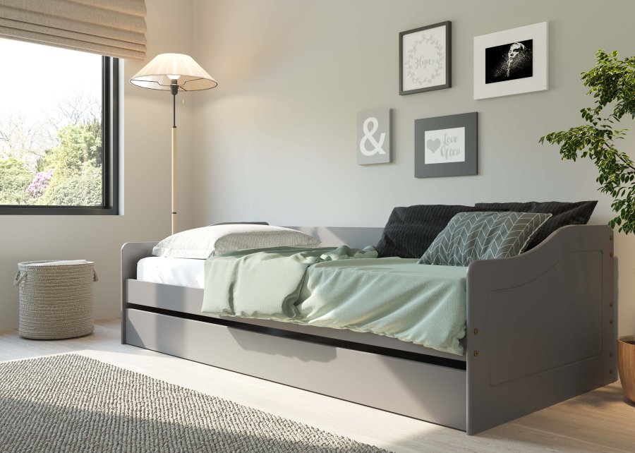 NORDIC LIVING COLLECTION Funktionss&auml;ng LEONIE '23 90x200 cm tillverkad av massivt tr&auml; i gr� lack med massiv tr&auml;botten och extra sovyta